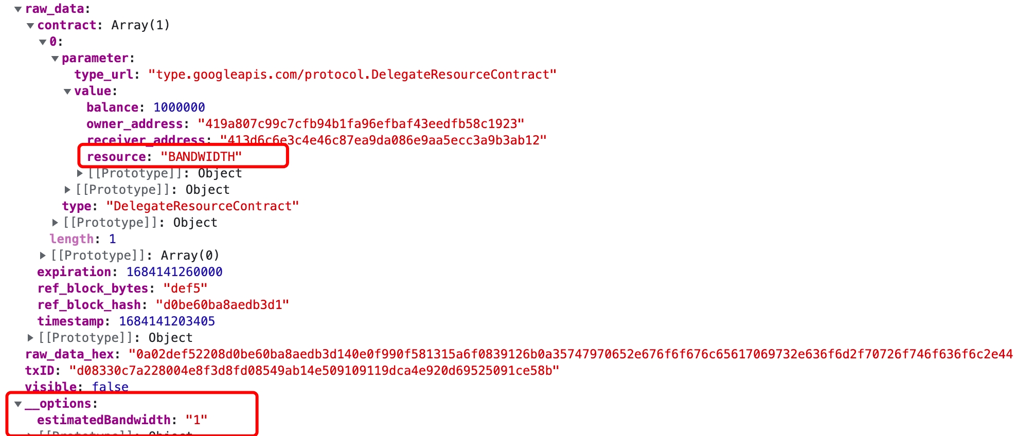 Stake 2.0 delegate / undelegate signing UI annotated with the __resource ("BANDWIDTH" or "ENERGY") and __options.estimatedBandwidth / estimatedEnergy fields that reads to render the resource type at signing time