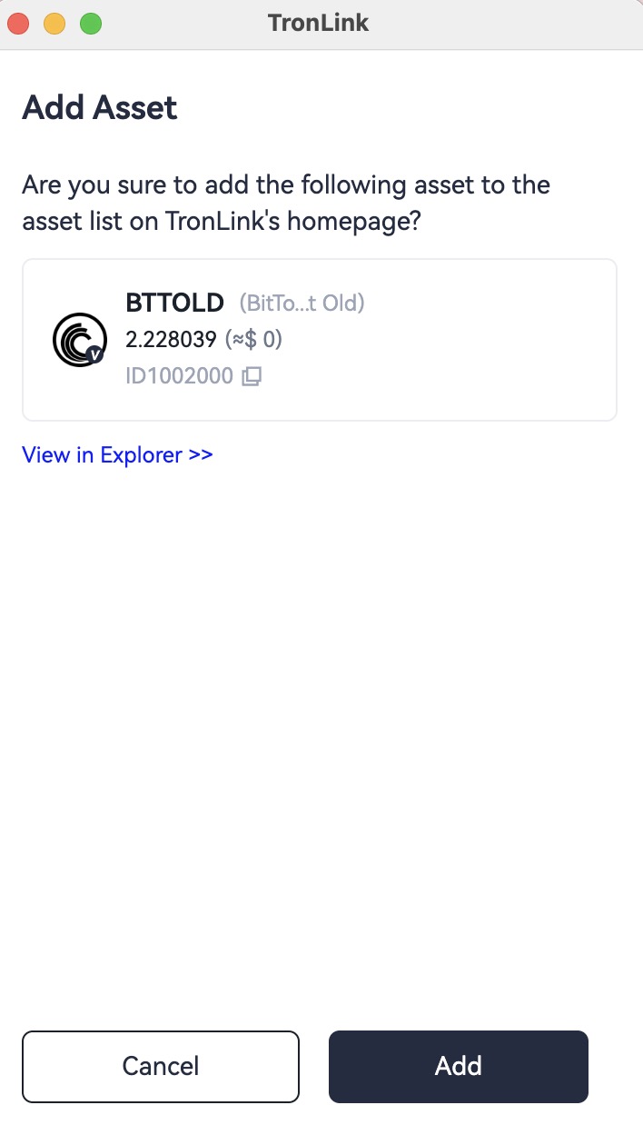 TronLink add-asset prompt showing the TRC10 token id, name, and Add / Cancel buttons