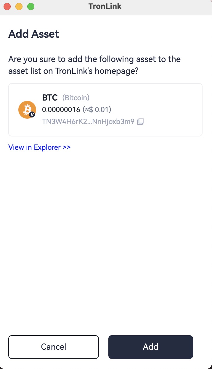 TronLink add-asset prompt showing the TRC20 contract address, token symbol, and Add / Cancel buttons