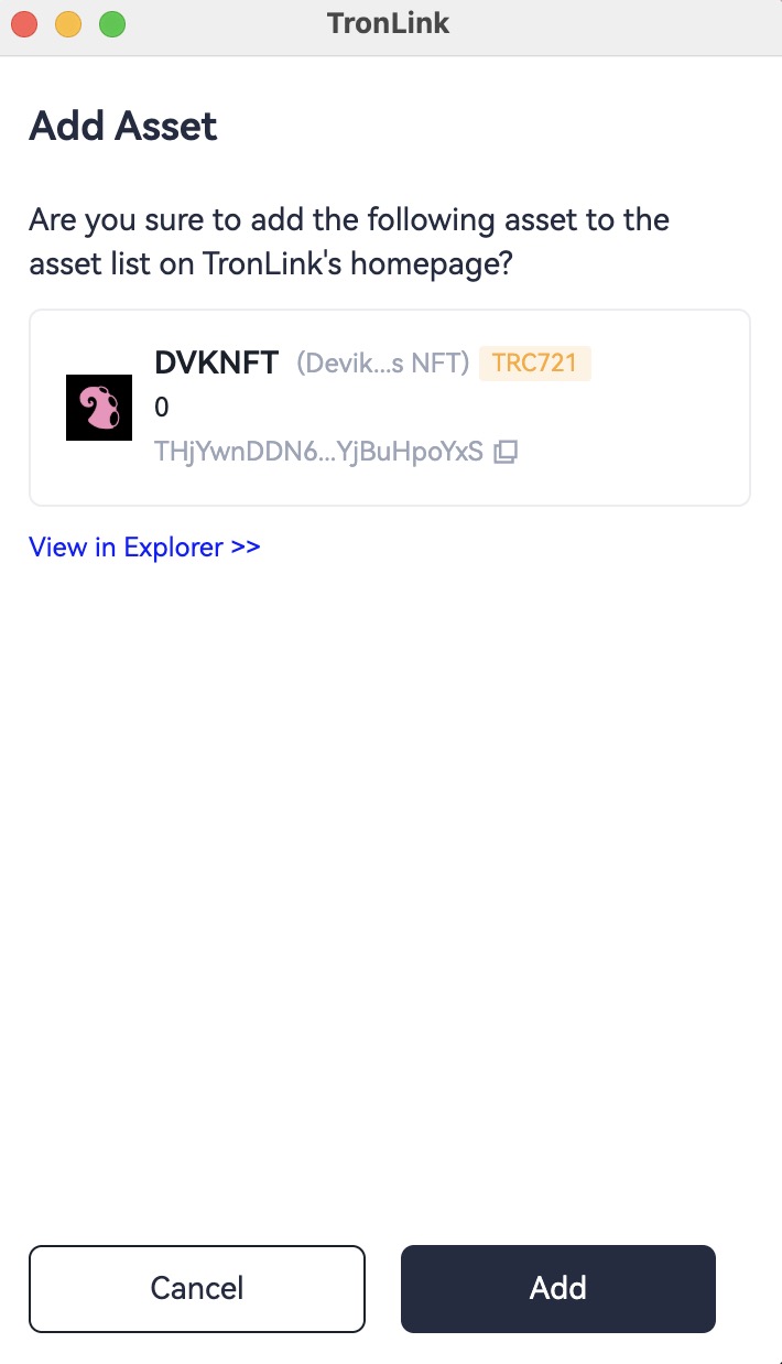 TronLink add-asset prompt showing the TRC721 NFT contract address and Add / Cancel buttons