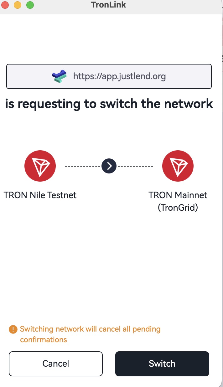TronLink network-switch confirmation popup showing the target network name and chainId with Confirm / Reject buttons
